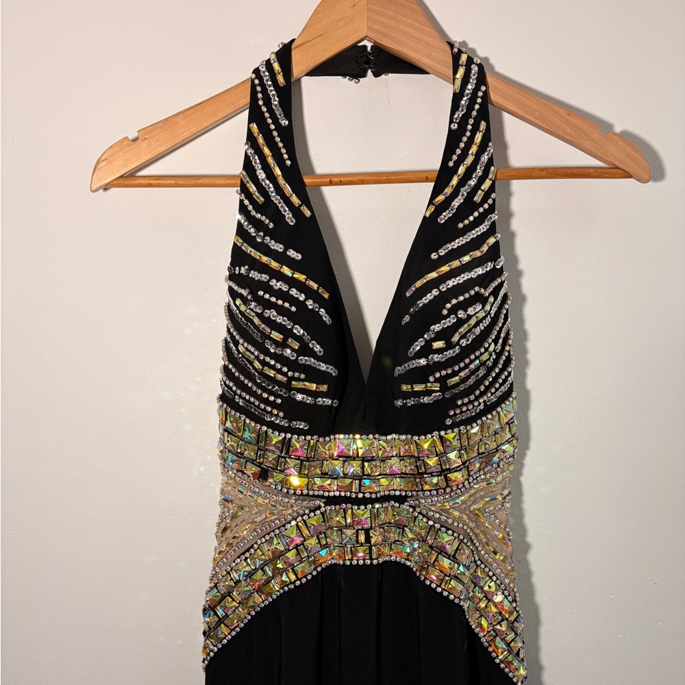 Johnny Was Size 6 Black and Gold Halter Evening Dress
